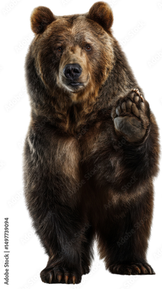 Fototapeta premium Greeting Bear: A majestic brown bear extends a paw in a friendly gesture. Capturing the essence of wilderness and invitation.
