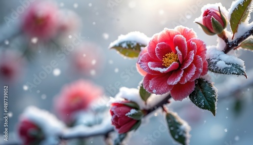 Fototapeta Naklejka Na Ścianę i Meble -  Close-up of red camellia sasanqua blossoms covered by fresh snow. Winter floral scene, icy branches in the snow. Seasonal nature flora plant. Cold winter beauty.