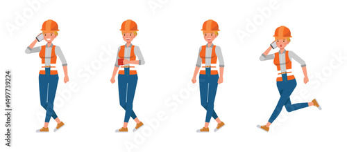Woman construction worker holding cup of coffee, walk and run character vector illustration design set.