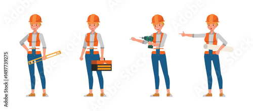 Woman construction worker holding drill, tool box and building blueprints character vector illustration design set.