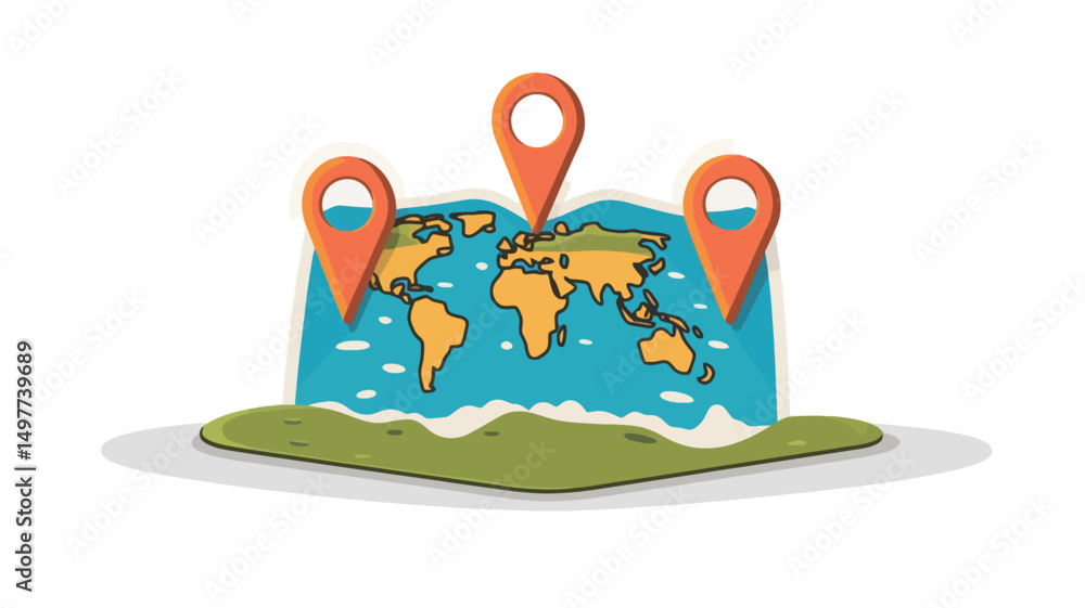 Naklejka premium A stylized illustration depicting a simplified world map rendered in a slightly elevated, three-dimensional perspective. The map is presented in a cartoonish style, featuring a light blue ocean.