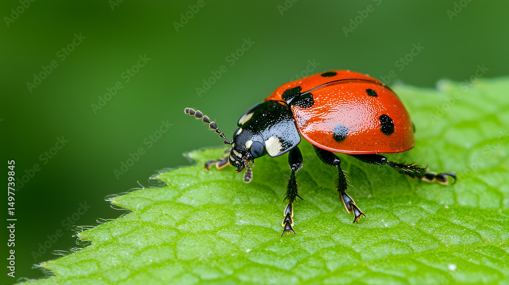 Fototapeta premium Vibrant red ladybug with black spots is perched on green leaf, showcasing its intricate details and natural beauty