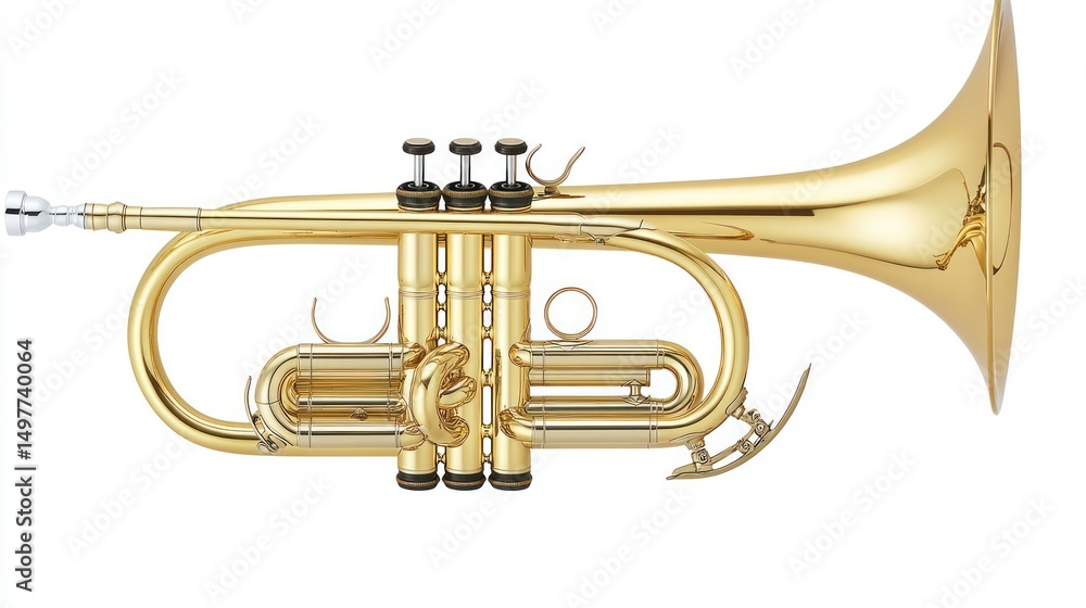 Fototapeta premium A golden brass cornet with a shiny finish on a white background.