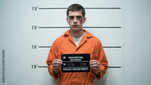 Young man in orange jumpsuit mugshot serious expression intense gaze