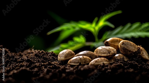 Cannabis Seeds Sprouting: A Close-Up View of Hemp Seeds in Rich Soil