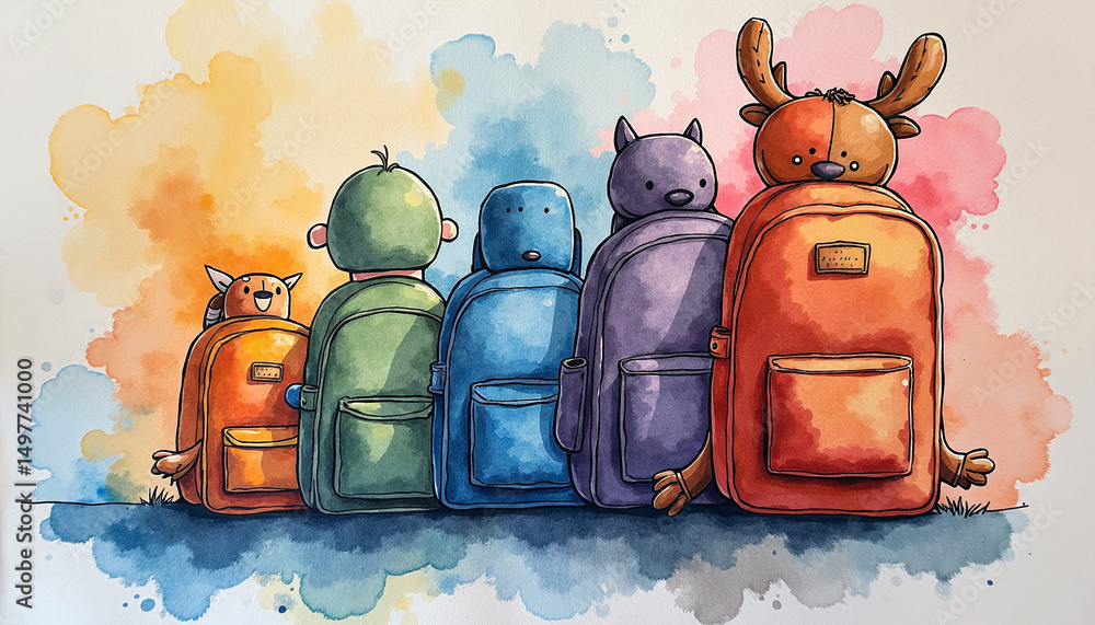 custom made wallpaper toronto digitalThree colorful backpacks rest against a watercolor background, representing readiness for adventure, learning, and exploration.