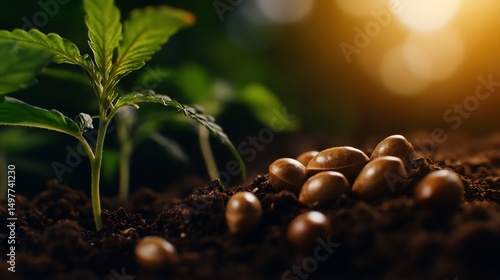 Cannabis Seedlings and Seeds in Soil: A Close-Up View of Young Cannabis Plants Emerging from the Ground, Surrounded by Their Seeds.  A Symbol of Growth and Potential.