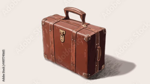 A brown, vintage suitcase casts a shadow on a white surface.
