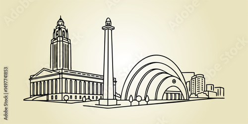 Kansas City Skyline Line Art with Liberty Memorial and Kauffman Center