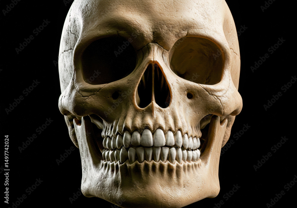 Obraz premium Human Skull Anatomy Detailed Study Dramatic Lighting Black Background