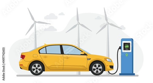 Electric Car Charging at Station with Wind Turbines - Sustainable Energy Concept