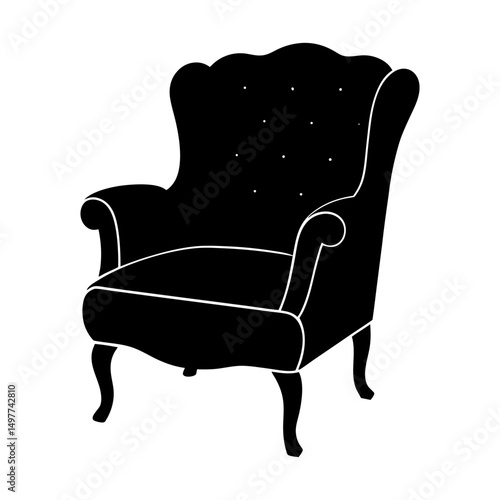 Silhouette of an ornate wingback armchair isolated