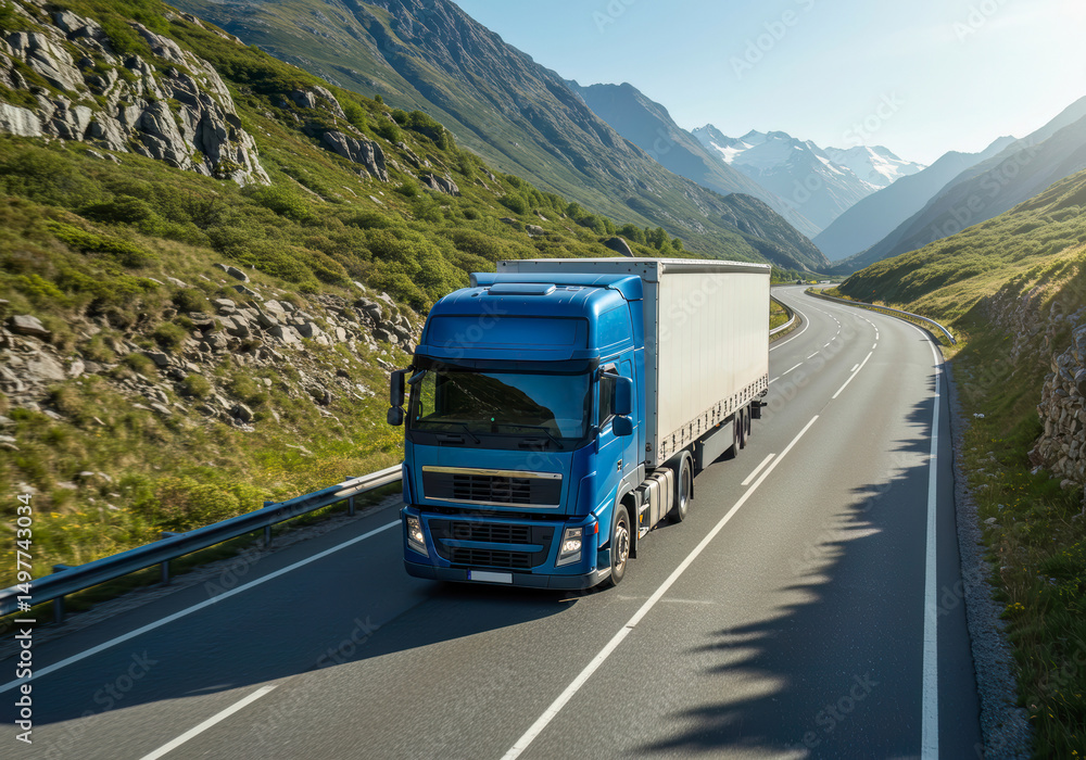Blue Semi Truck Driving on Mountain Highway Scenic Route Logistics Transportation Blue Semi Truck Driving on Mountain Highway Scenic Route Logistics Transportation