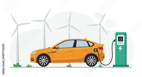 Electric Car Charging at Station with Wind Turbines - Sustainable Energy Concept