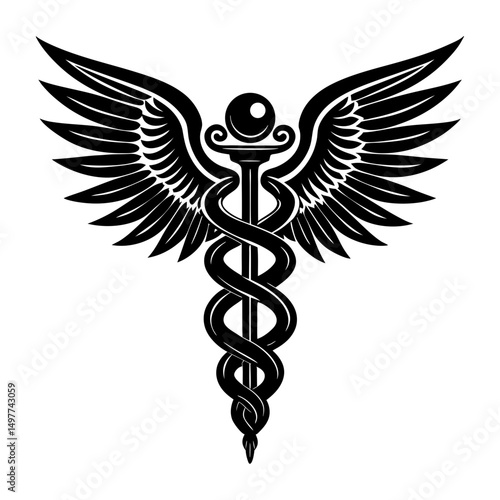 Black and white caduceus symbol with wings design