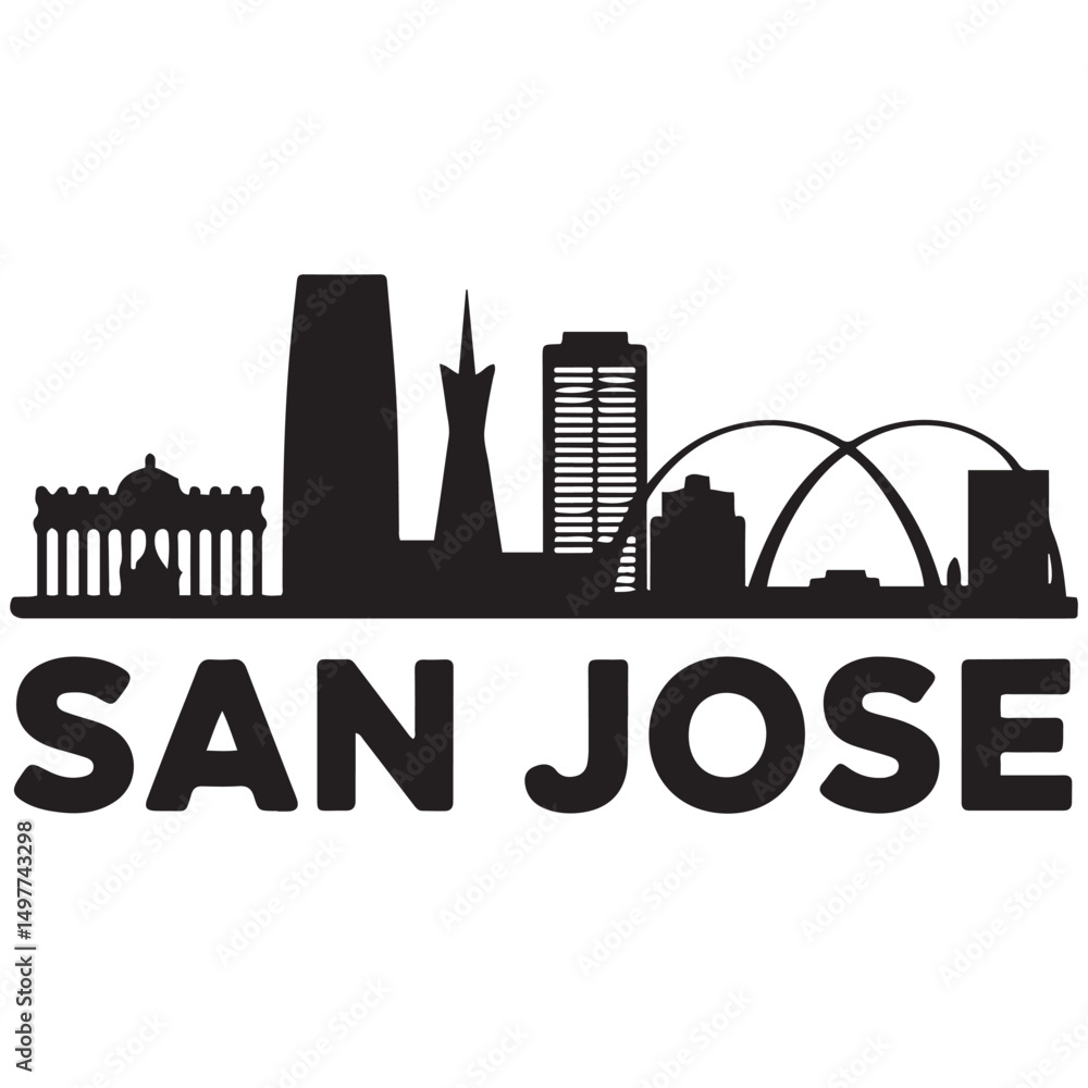 Naklejka premium Vector San Jose skyline. Travel San Jose famous landmarks. Business and tourism concept for presentation, banner, web site. Vector black silhouette. with white background