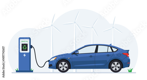 Electric Car Charging at Station with Wind Turbines - Sustainable Energy Concept