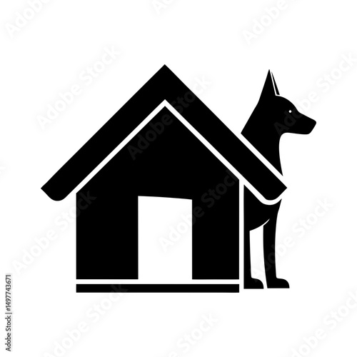 Silhouette of a dog standing next to a dog house