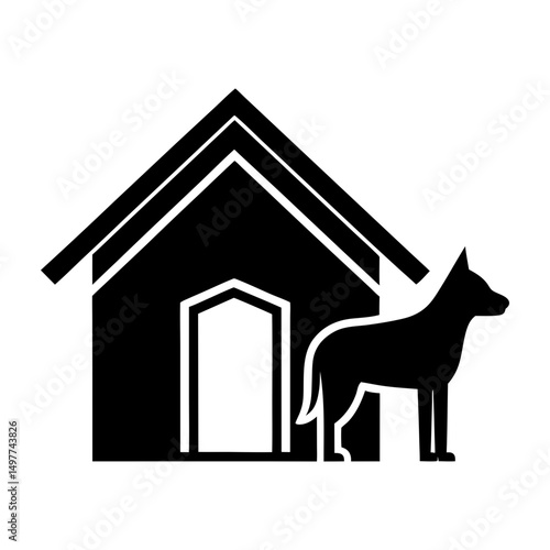 Silhouette of a dog standing next to a dog house
