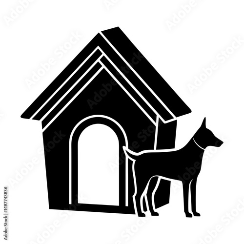 Silhouette of dog standing near a doghouse image