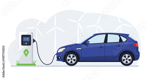 Electric Car Charging at Station with Wind Turbines - Sustainable Energy Concept