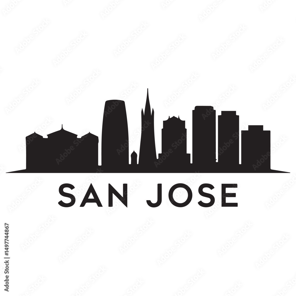 Obraz premium Vector San Jose skyline. Travel San Jose famous landmarks. Business and tourism concept for presentation, banner, web site. Vector black silhouette. with white background