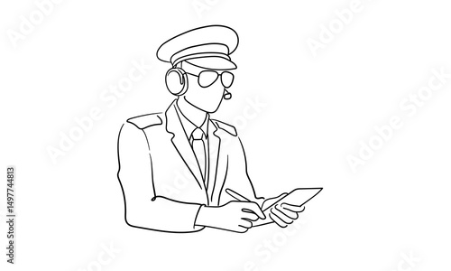 Airplane captain in uniform, continious line drawing. Airport outline, air transport crew line art. Vector illustration on white background
