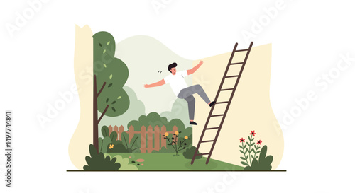 Man Falling from Ladder in Garden - Safety Hazard Concept