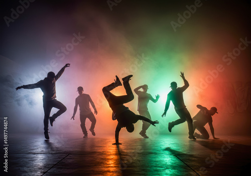 Energetic Breakdancers Silhouette Dynamic Performance Colorful Stage Lighting