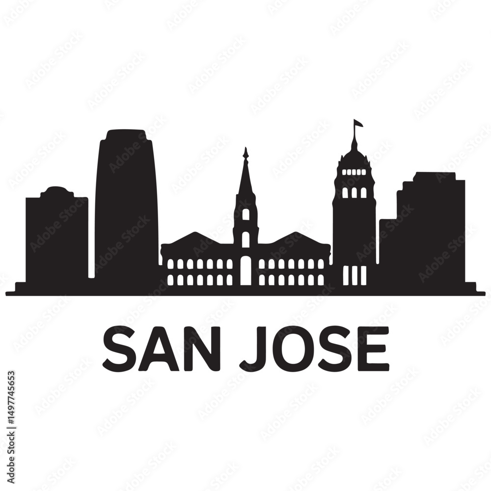 Obraz premium Vector San Jose skyline. Travel San Jose famous landmarks. Business and tourism concept for presentation, banner, web site. Vector black silhouette. with white background