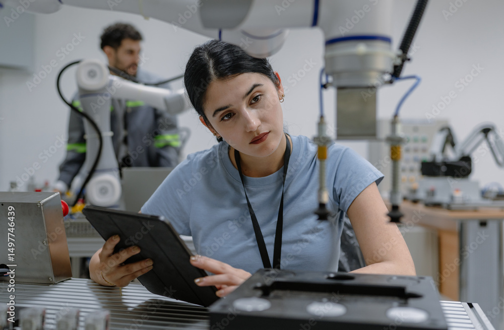 Hispanic engineer woman working on AI technology in robotics electronics engineering laboratory. University students' research project is programming robot machine with intelligent mechanical control Hispanic engineer woman working on AI technology in robotics electronics engineering laboratory. University students' research project is programming robot machine with intelligent mechanical control