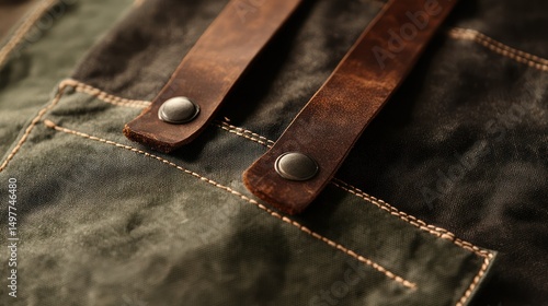 Close-up of a rustic waxed canvas apron with leather straps and metal rivets.