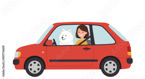 Woman Driving Car with Happy Dog in Backseat