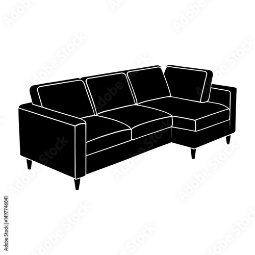 Illustration of a black sectional sofa with pillows