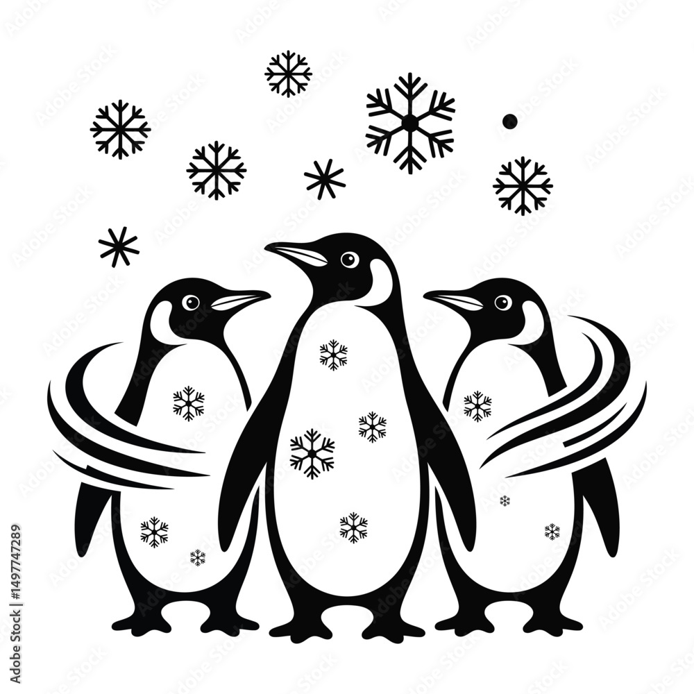 Naklejka premium Three Happy Penguins with Snowflakes in windy Winter Holiday Illustration in Black and White Silhouette Style