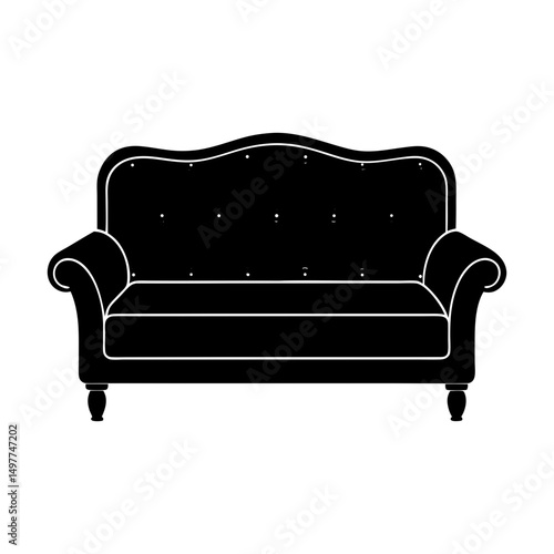 Illustration of a black upholstered sofa with studs