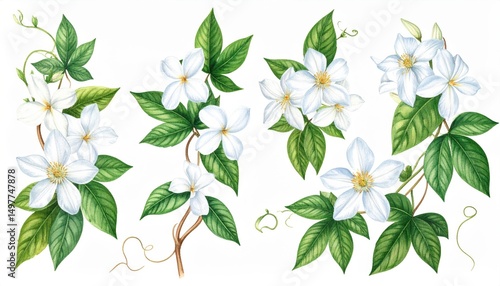 Fototapeta Naklejka Na Ścianę i Meble -  Jungle Vines with White Summer Flowers Watercolor Bundle 