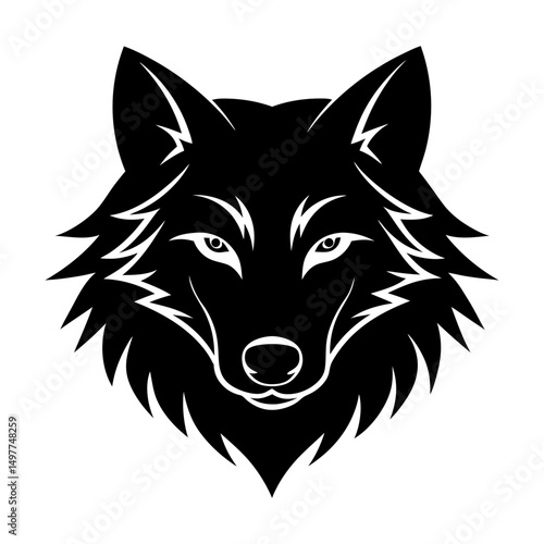Illustration of a black and white wolf head design