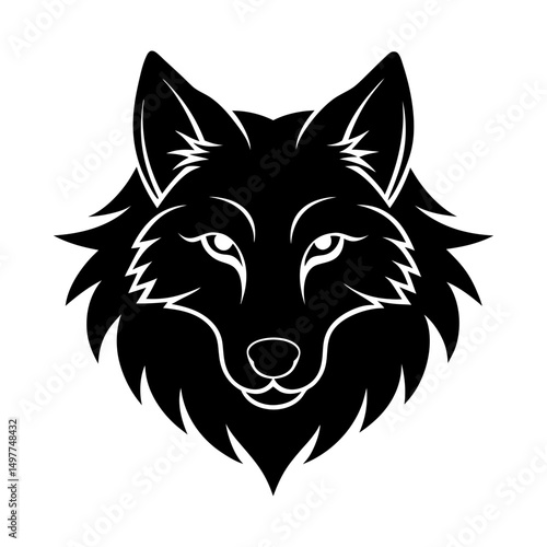 Black and white stylized wolf head front view art