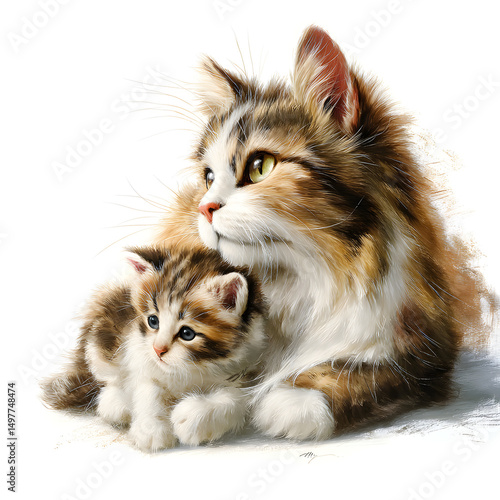 A mother cat is laying down next to her kitten