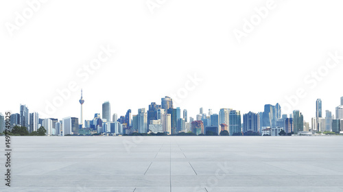 Panoramic skyline of modern cityscape over empty concrete floor
