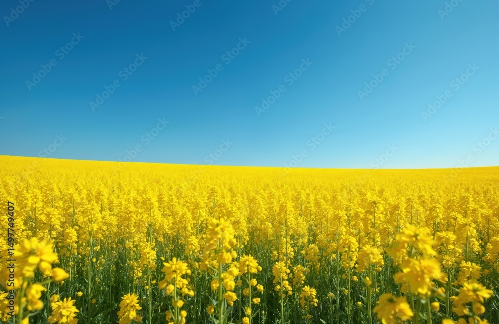 Fototapeta premium Panoramic view of vibrant yellow colza rapeseed field under clear blue sky. Floral landscape in Ukrainian colors. Sunny summer day, blossoming rapeseed flowers, idyllic rural countryside. Ukrainian