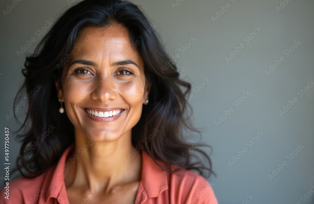 Attractive portrait of Indian woman smiling, with long black hair, casual attire. Mature female in forties radiates confidence. Perfect teeth, natural makeup, happy expression in studio setting. Attractive portrait of Indian woman smiling, with long black hair, casual attire. Mature female in forties radiates confidence. Perfect teeth, natural makeup, happy expression in studio setting.