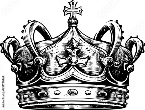 Vintage crown of a king or queen, ink drawing. Kingdom crown, in engraving style