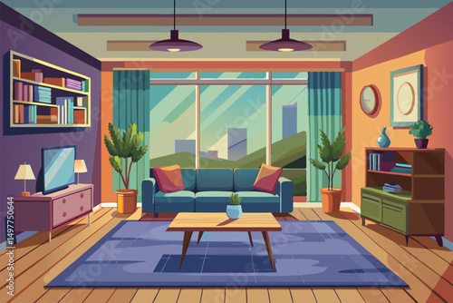 Cozy modern living room illustration with large windows, green walls, and stylish furniture