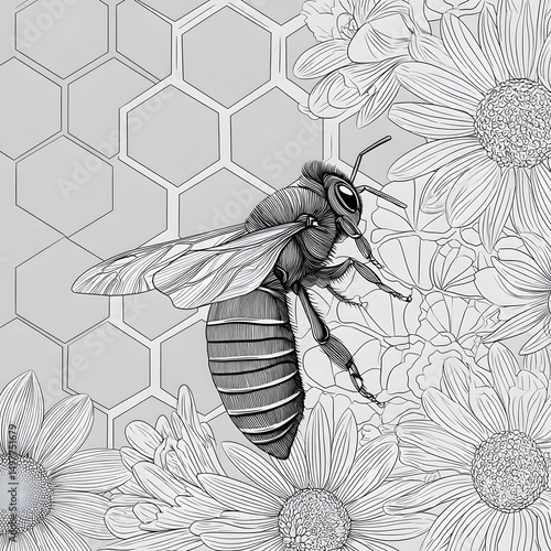 A black and white drawing of a bee on a flower