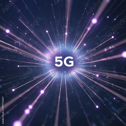 A digital illustration of the 5g network with radiating lines and glowing particles on dark background