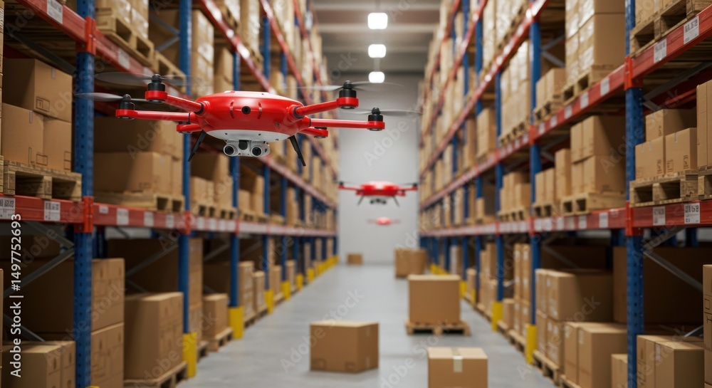 Fototapeta premium Warehouse drones symbolizing automated logistics and inventory management