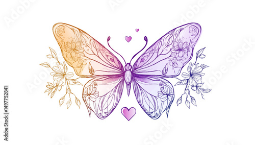 Colorful line art butterfly with flowers on white background.