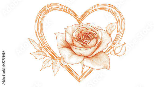 Orange rose line art with heart shape.